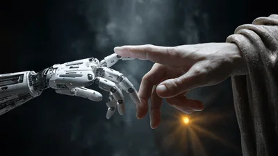 Robotic Hand Touching Human Finger Creating Light Spark