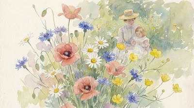 Watercolor Painting Of A Mother And Child In A Meadow