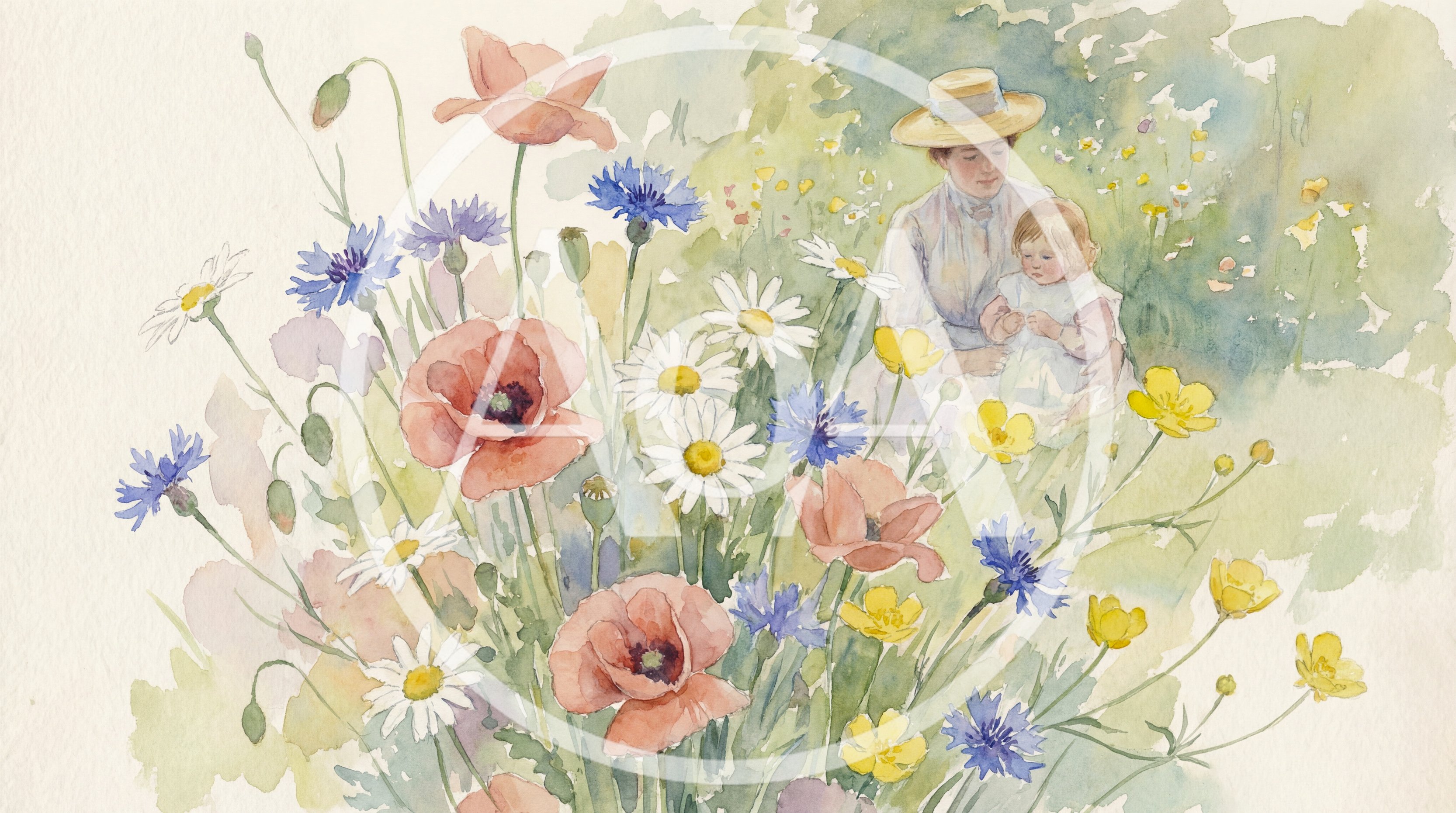 Watercolor Painting Of A Mother And Child In A Meadow
