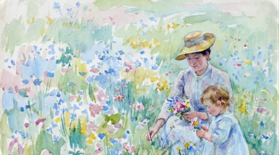 Watercolor Painting Of A Mother And Child Picking Wildflowers