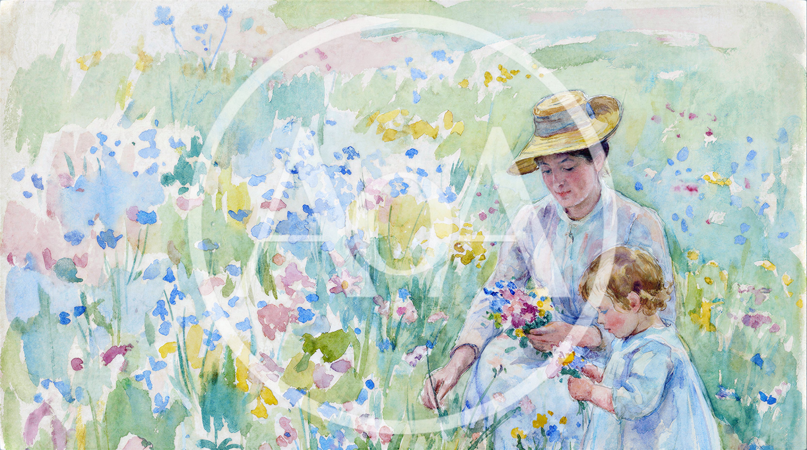 Watercolor Painting Of A Mother And Child Picking Wildflowers