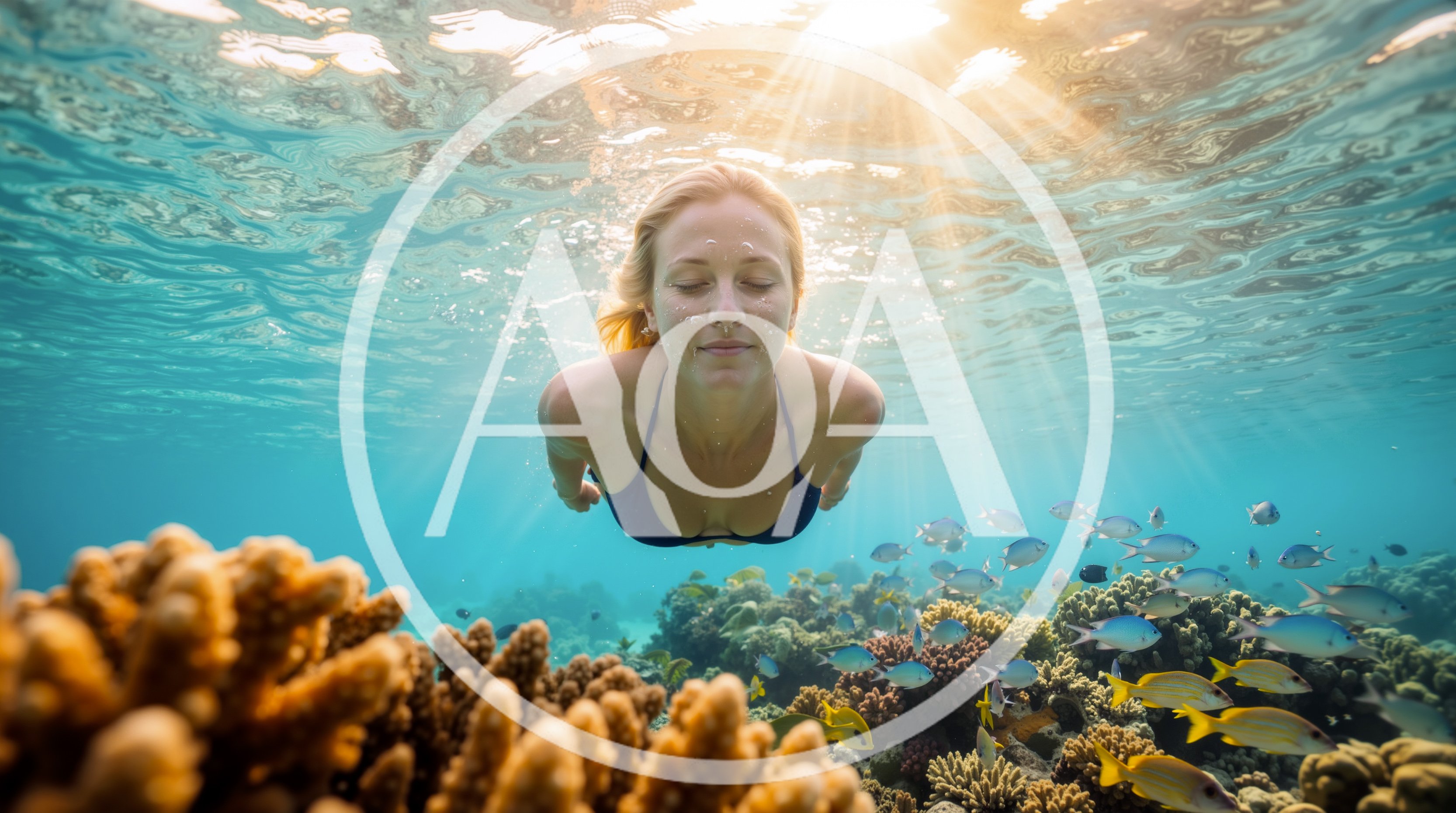 Woman Swimming Underwater Over A Vibrant Coral Reef