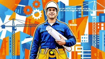 Construction Engineer Holding Blueprints In Front Of Cityscape