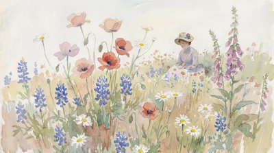 Watercolor Painting Of A Woman Sitting In A Wildflower Meadow