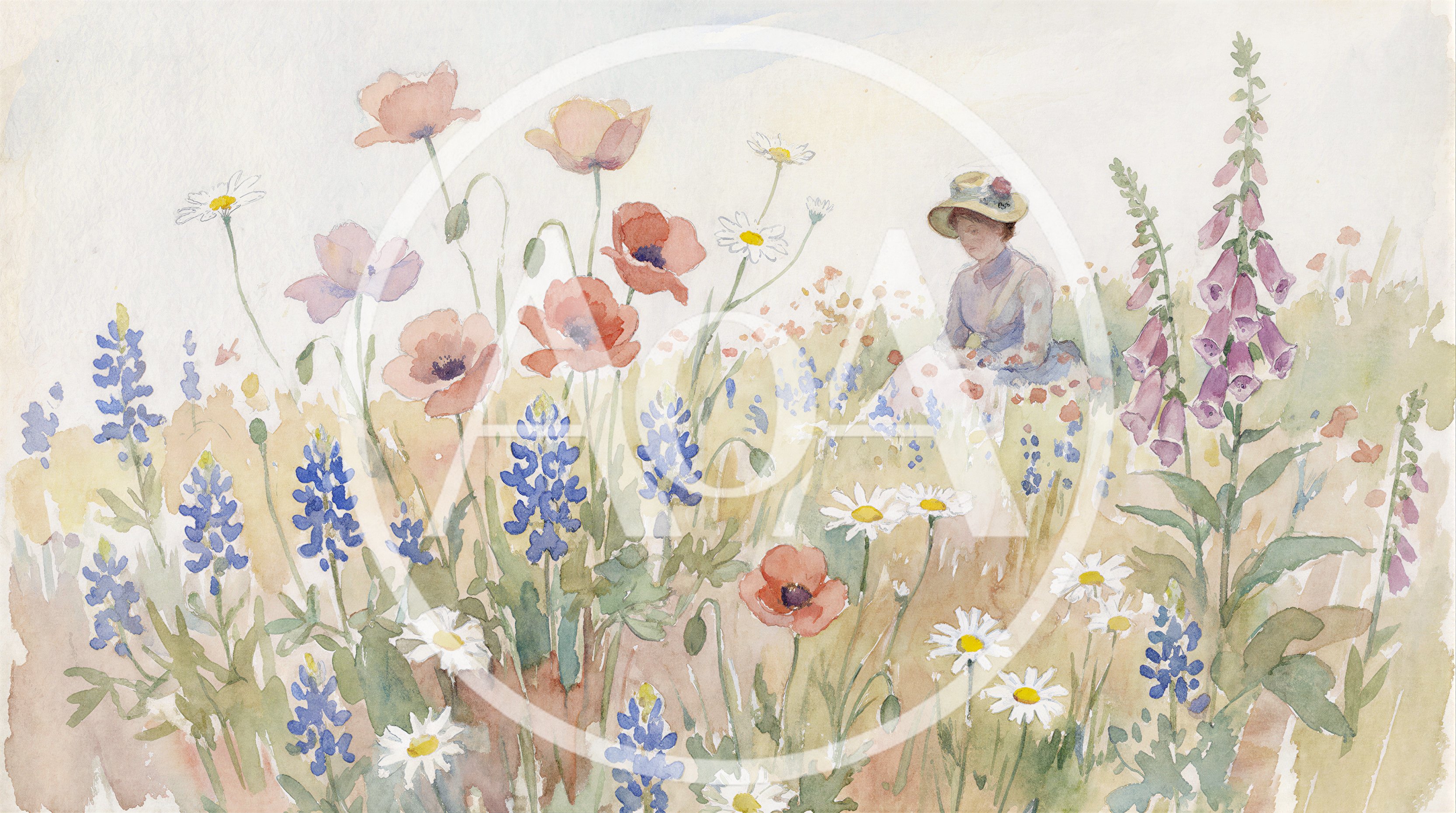 Watercolor Painting Of A Woman Sitting In A Wildflower Meadow