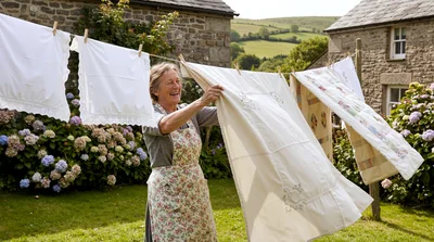Senior Woman Hanging Laundry In A Sunny Garden
