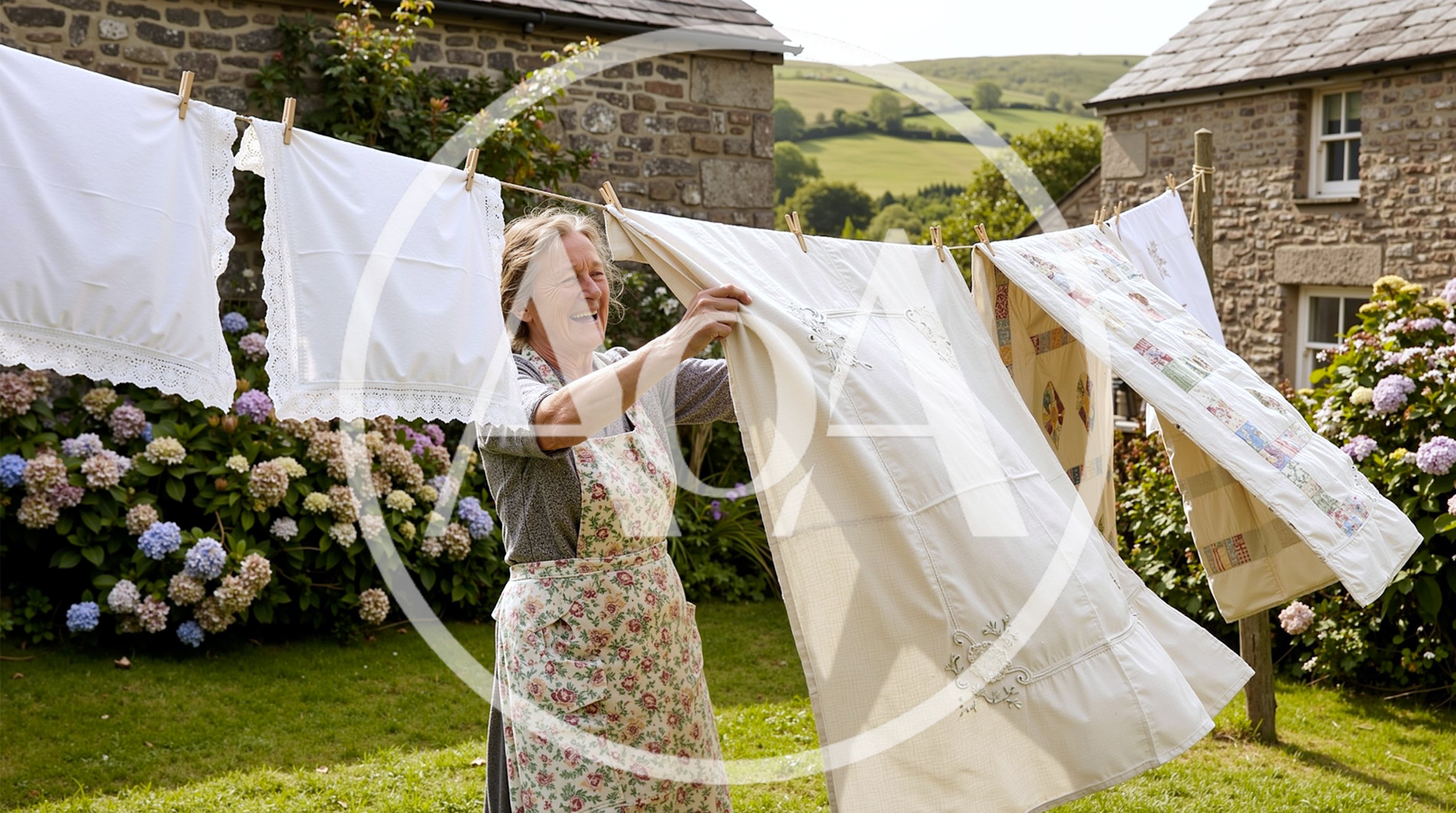 Senior Woman Hanging Laundry In A Sunny Garden