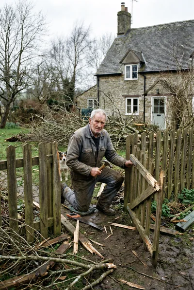 Elderly Man Repairing Broken Wooden Garden Gate