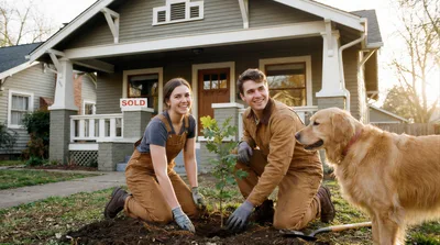 Young Couple Planting A Tree In Front Of New Home