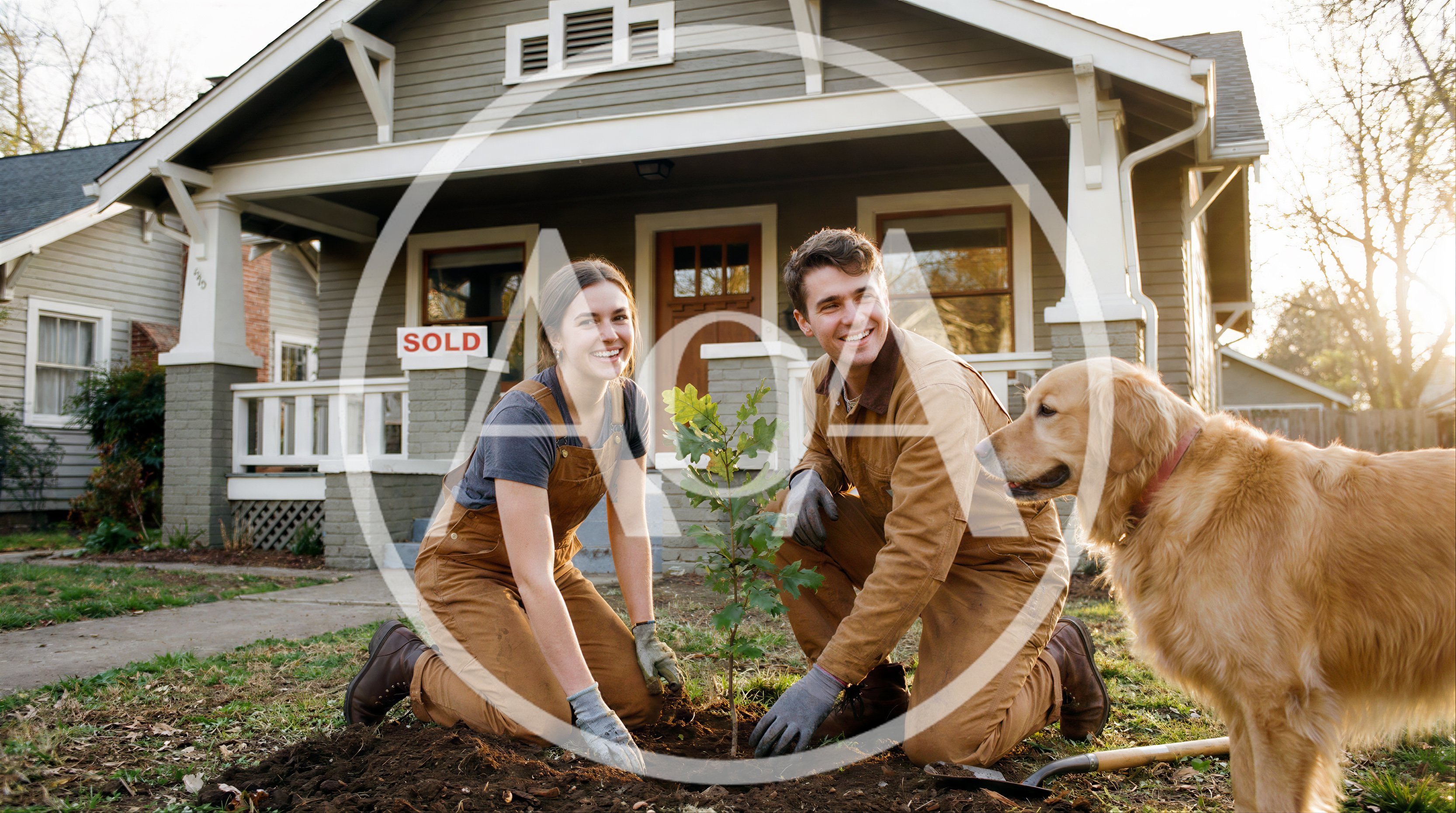 Young Couple Planting A Tree In Front Of New Home