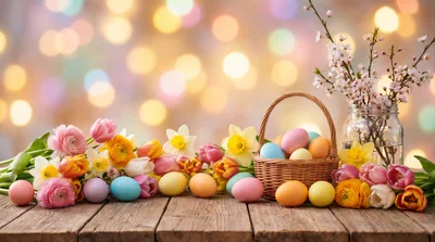 Easter Basket With Colorful Eggs And Spring Flowers