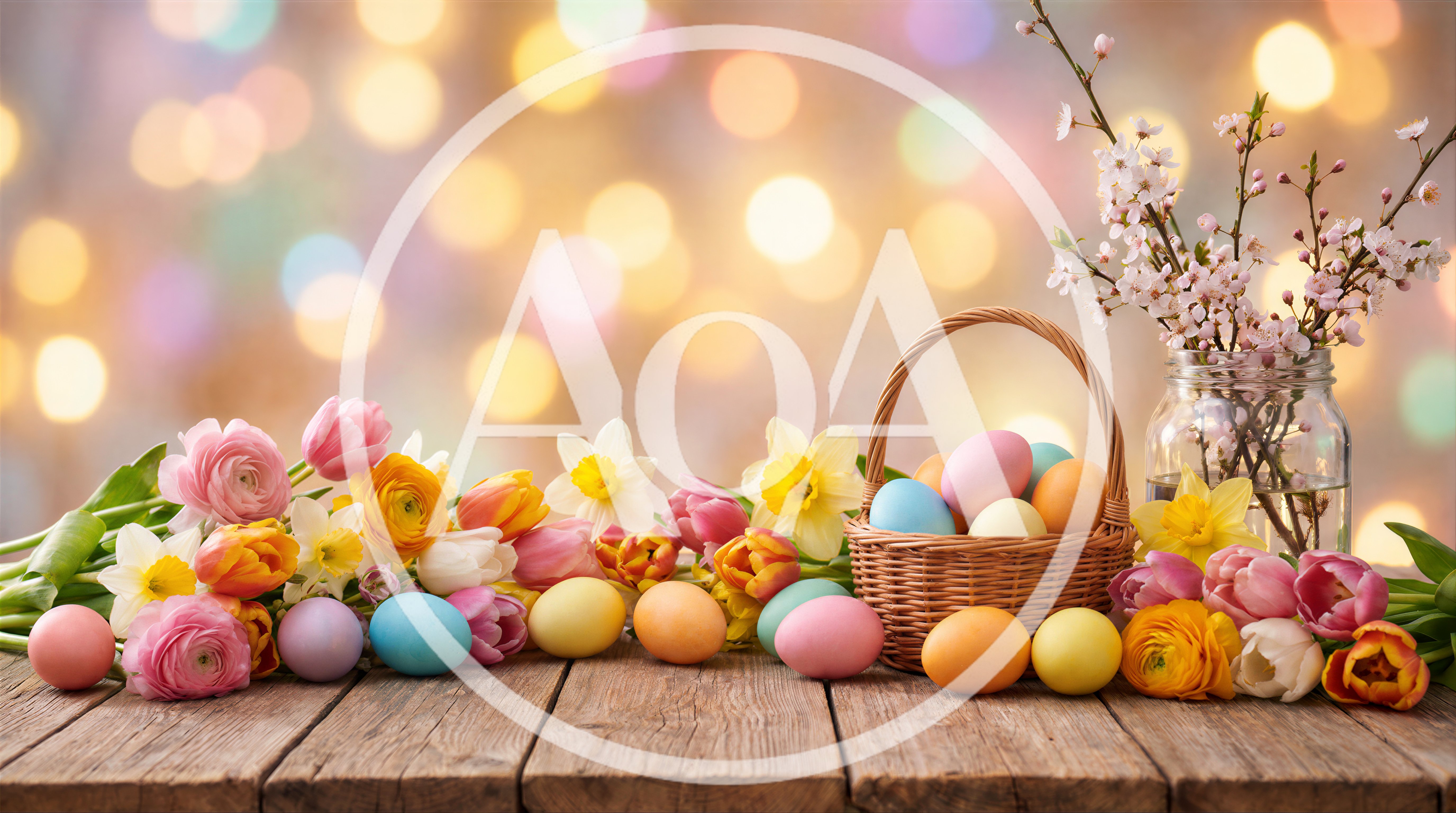 Easter Basket With Colorful Eggs And Spring Flowers