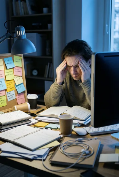 Stressed Man Working Late at Desk