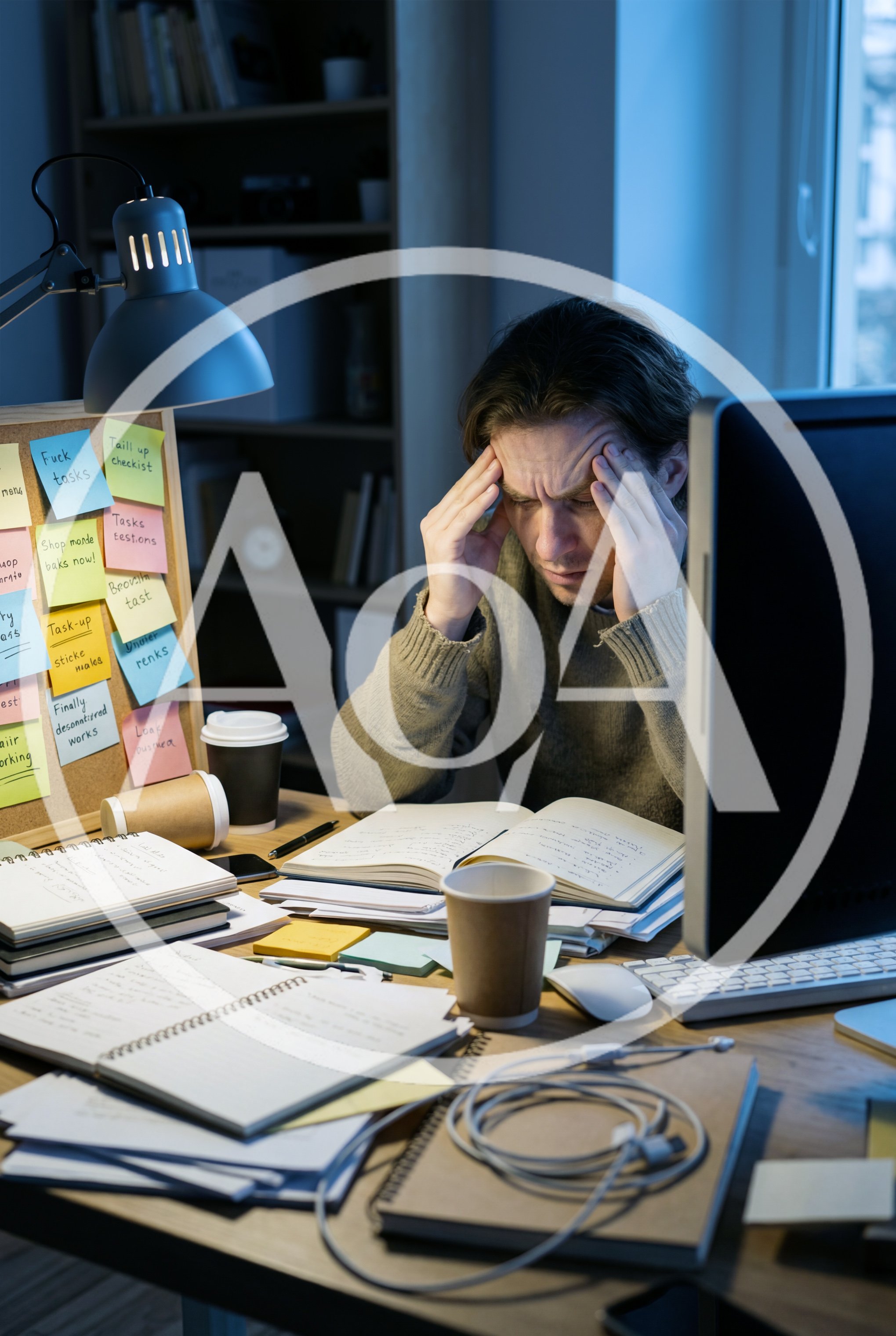 Stressed Man Working Late at Desk