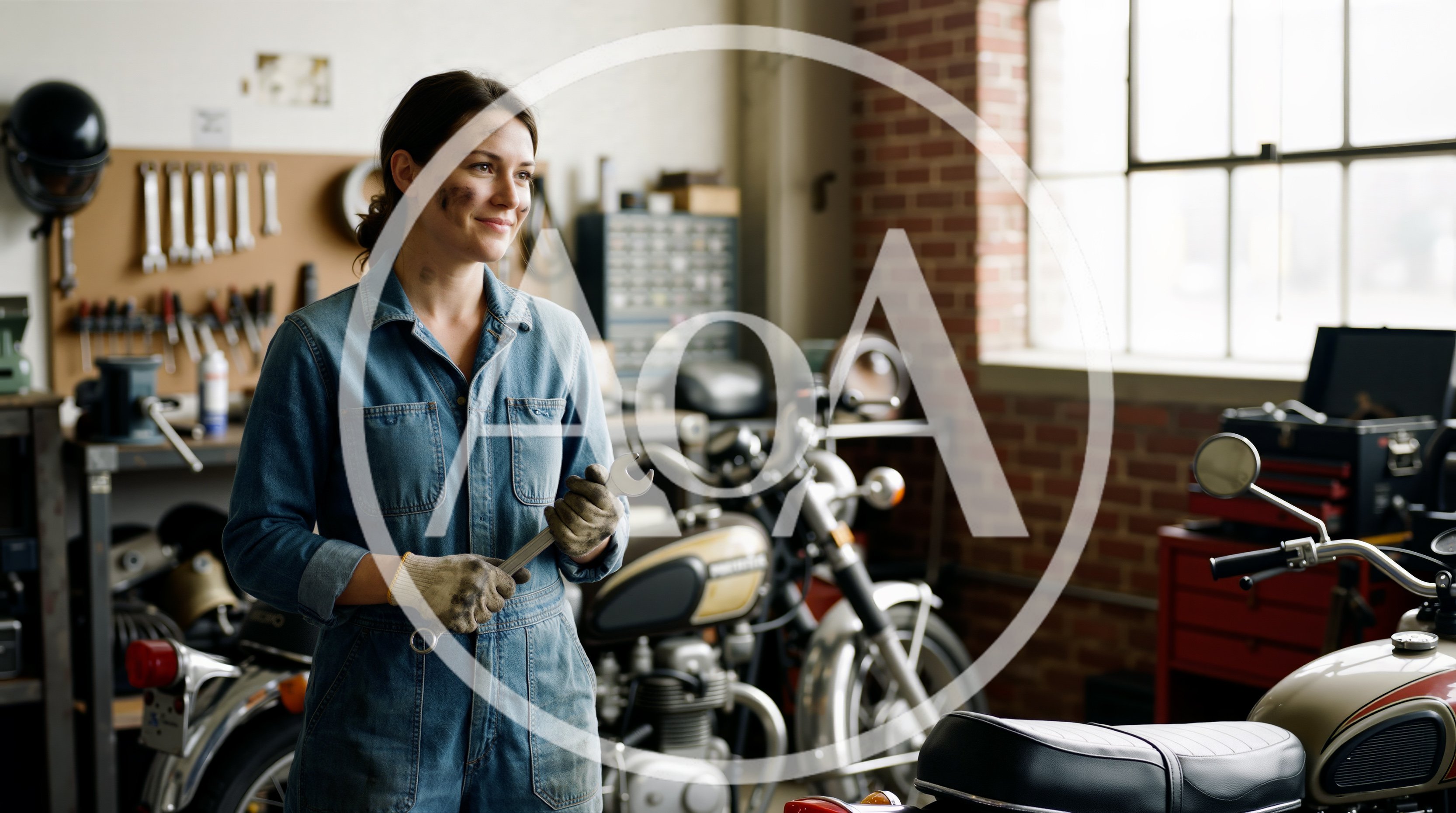 Female Mechanic Holding Wrench In Motorcycle Workshop