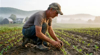 Farmer Tending To Young Vegetable Seedlings In Field