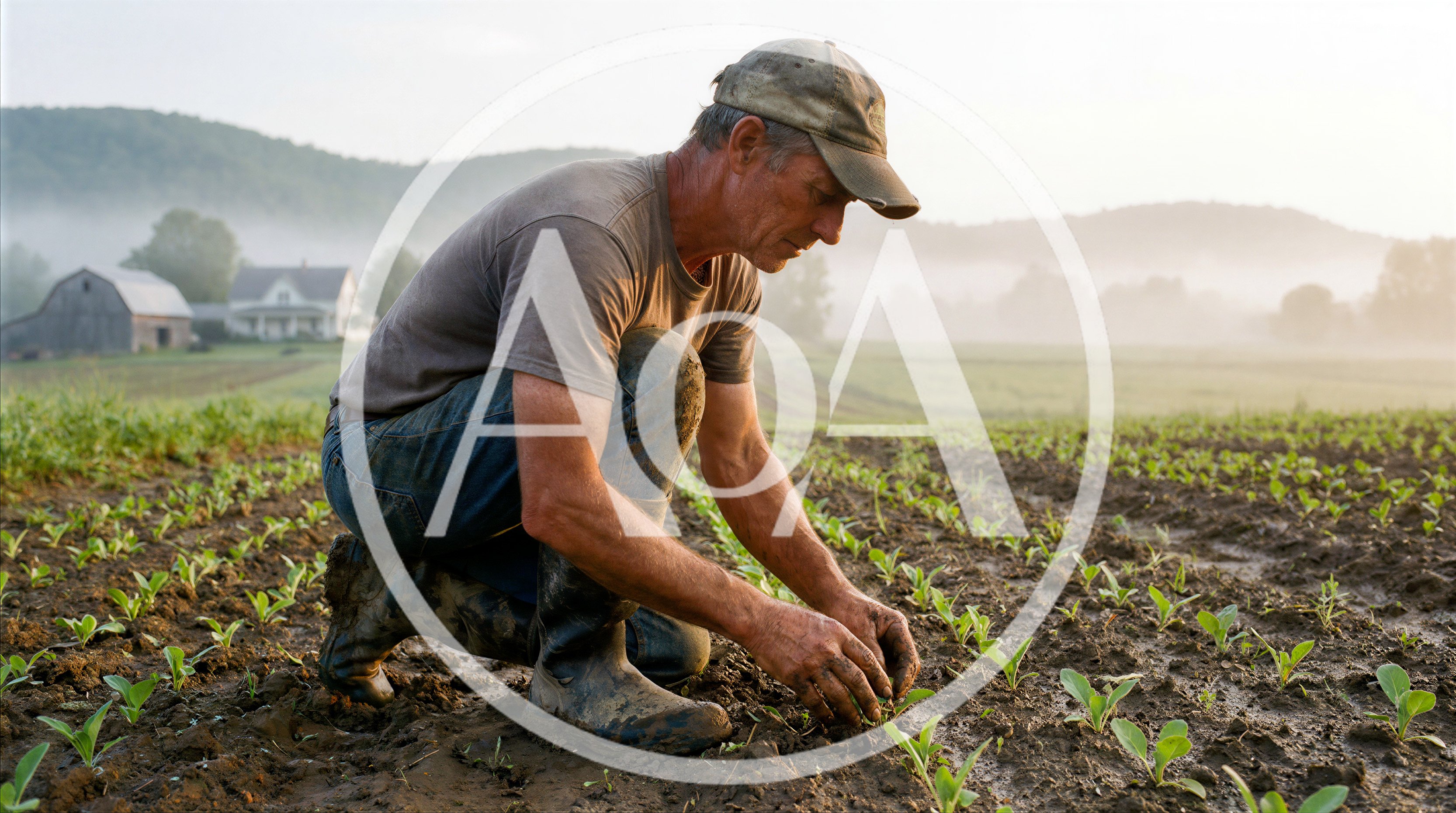 Farmer Tending To Young Vegetable Seedlings In Field