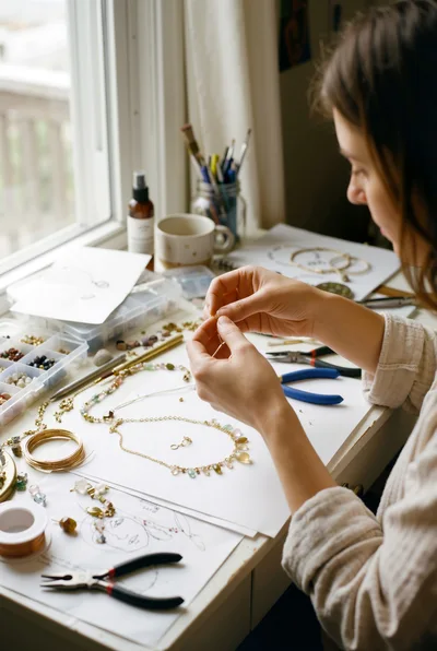 Artisan Jewelry Maker Assembling Necklace At Desk