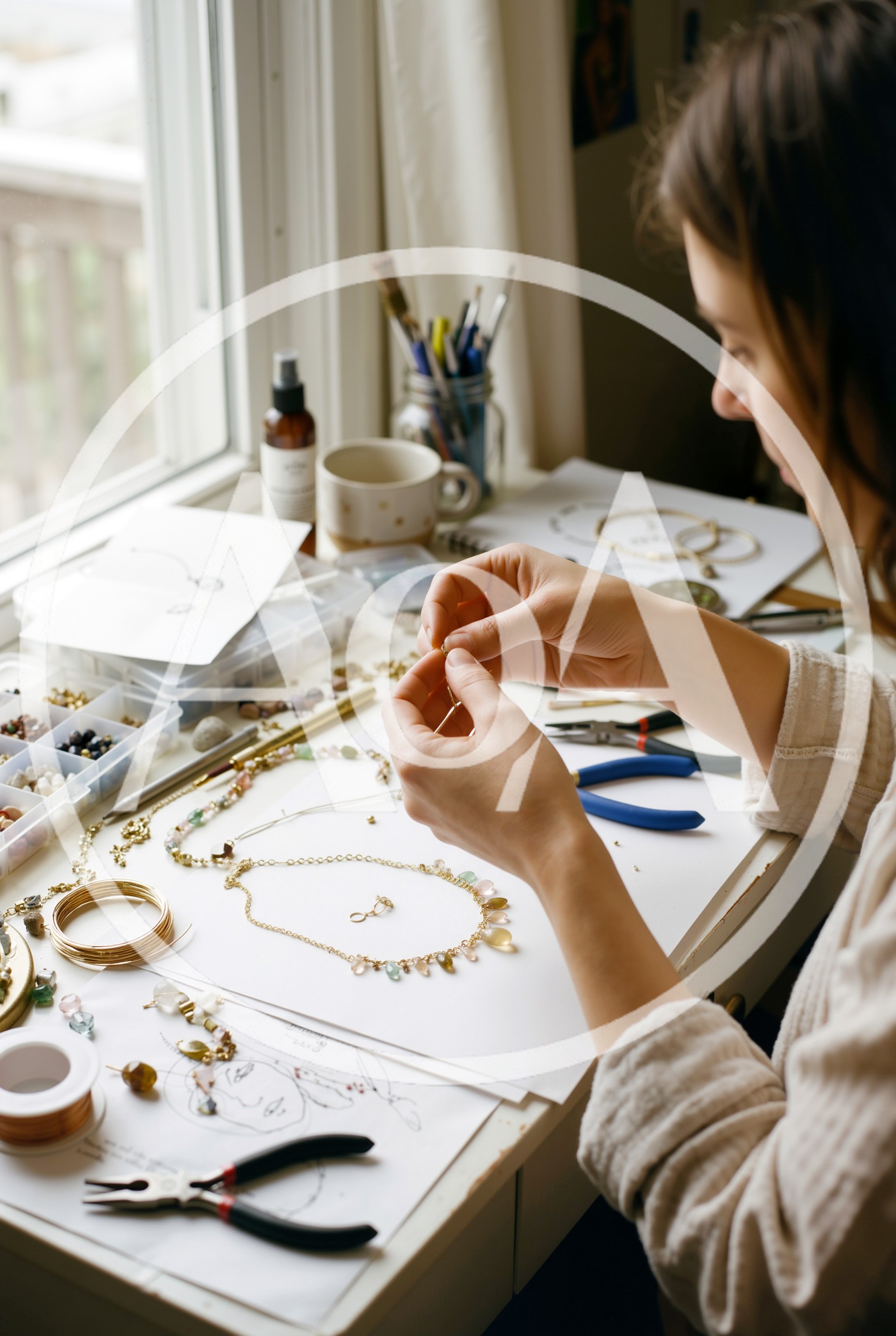 Artisan Jewelry Maker Assembling Necklace At Desk