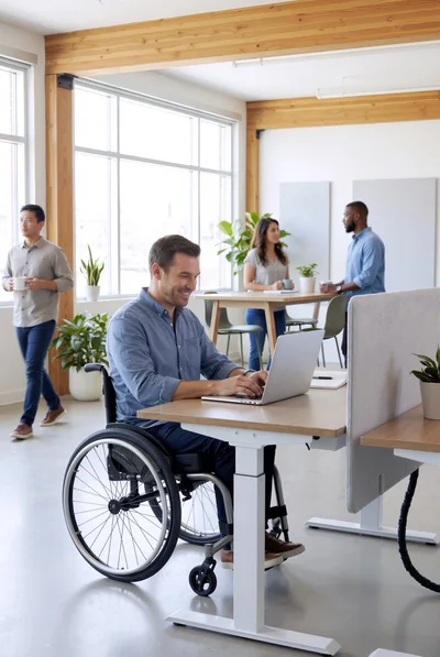 Man in Wheelchair Working on Laptop in Modern Office