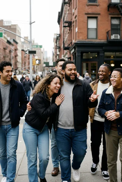 Diverse Group of Friends Walking and Laughing in City