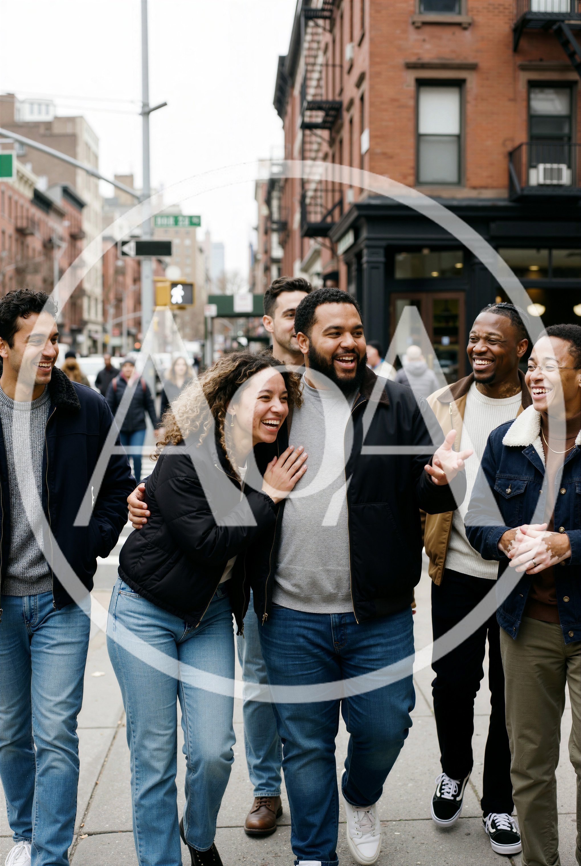 Diverse Group of Friends Walking and Laughing in City