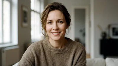 Portrait Of A Smiling Woman In A Cozy Sweater