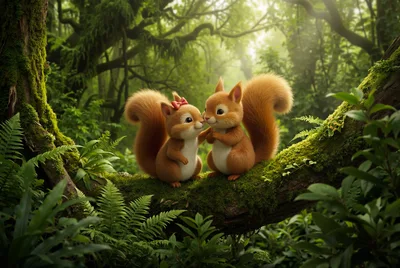 Two Cute Squirrels Sitting Together On A Mossy Branch
