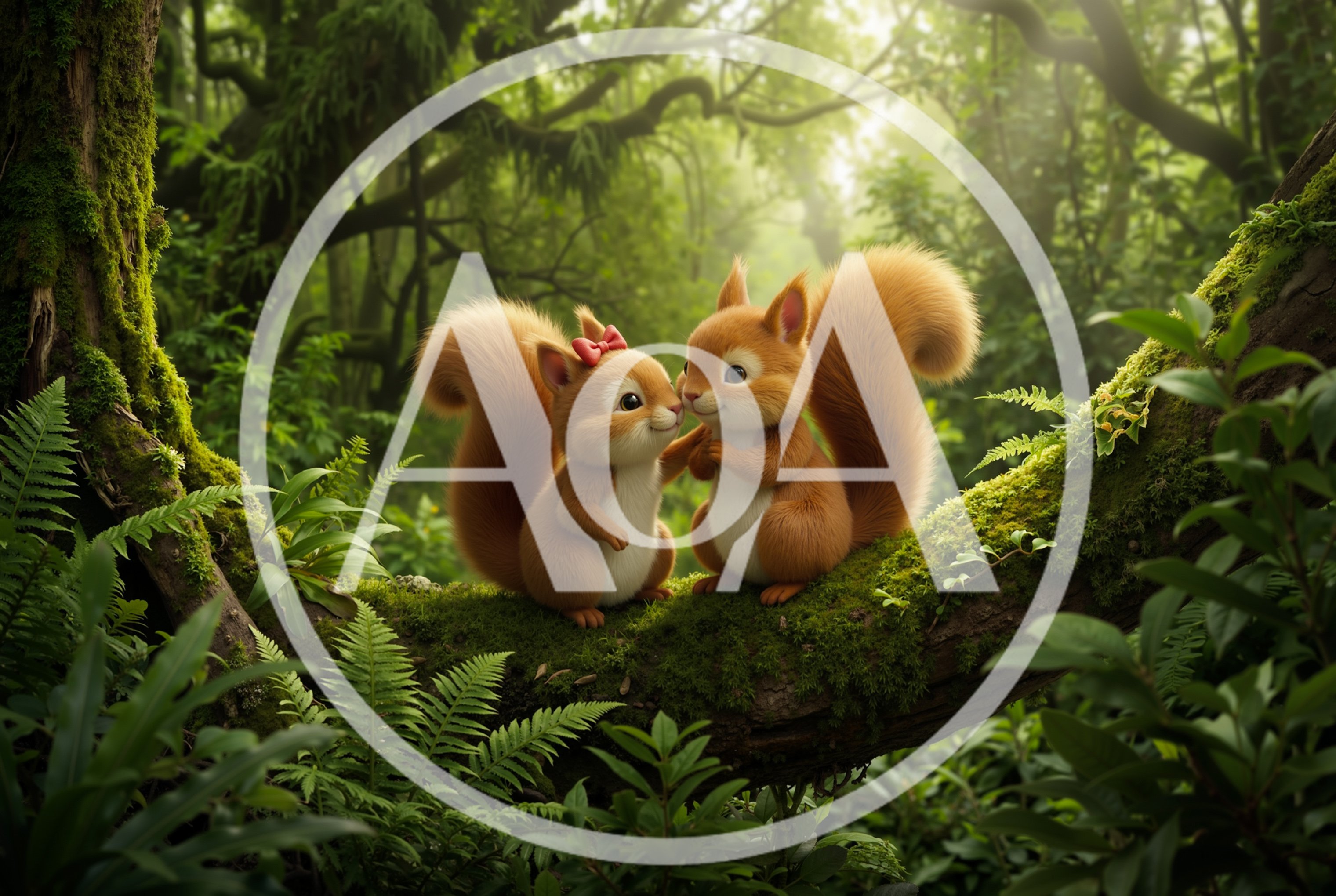 Two Cute Squirrels Sitting Together On A Mossy Branch