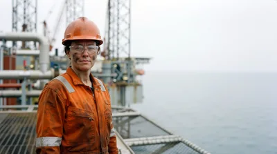 Female Offshore Oil Rig Worker Standing On Platform