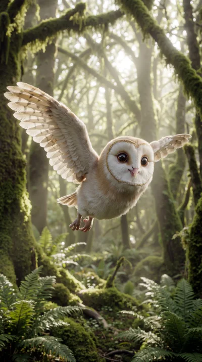 Cute Barn Owl Flying Through A Mossy Forest