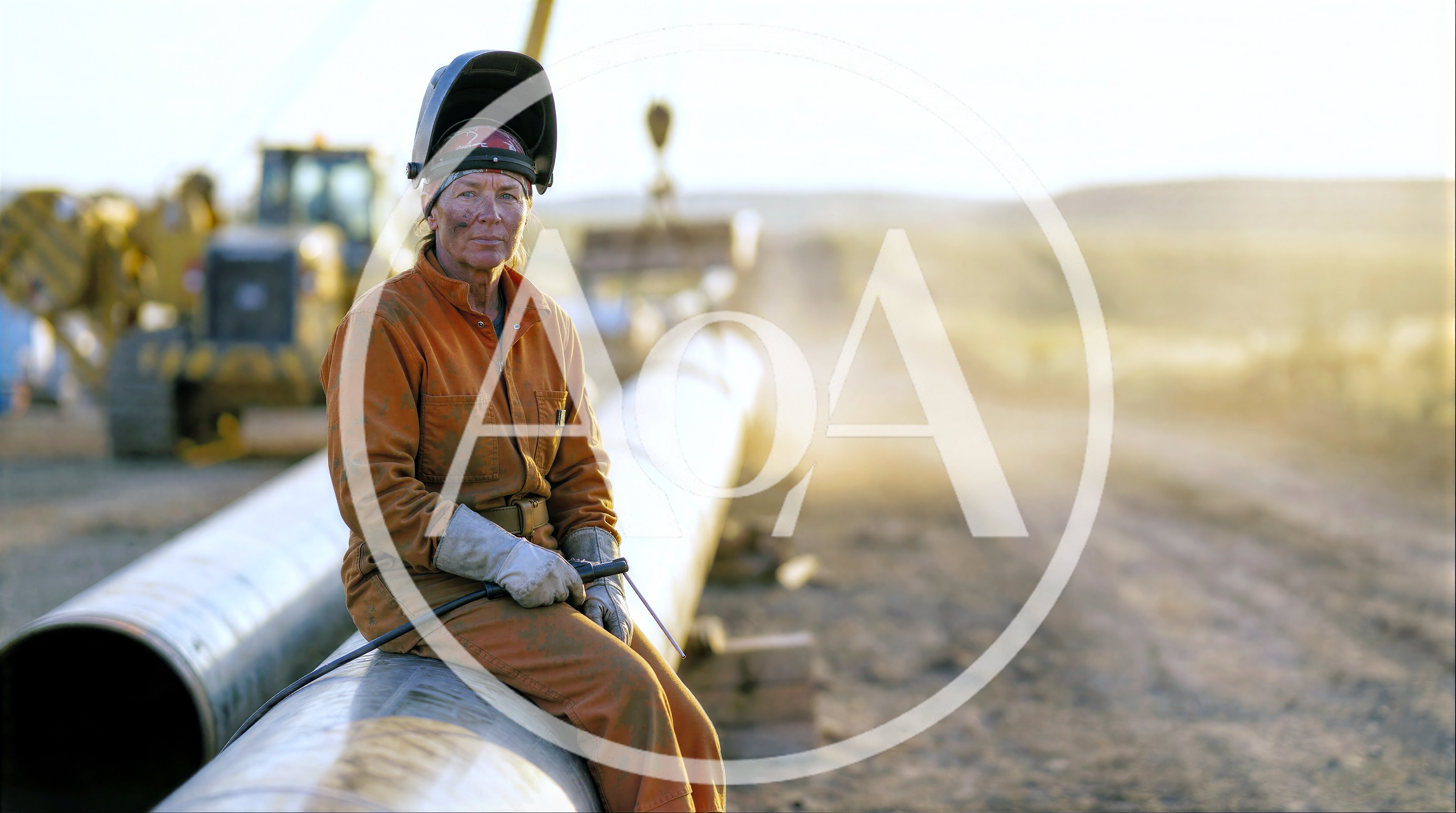 Female Welder Sitting On Industrial Pipeline At Construction Site