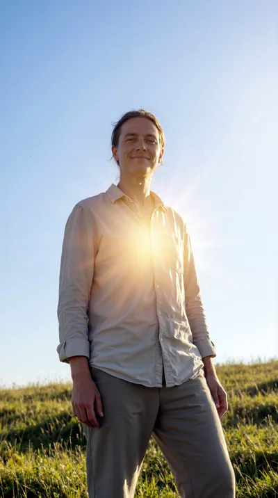 Young Man Standing In A Grassy Field At Sunset
