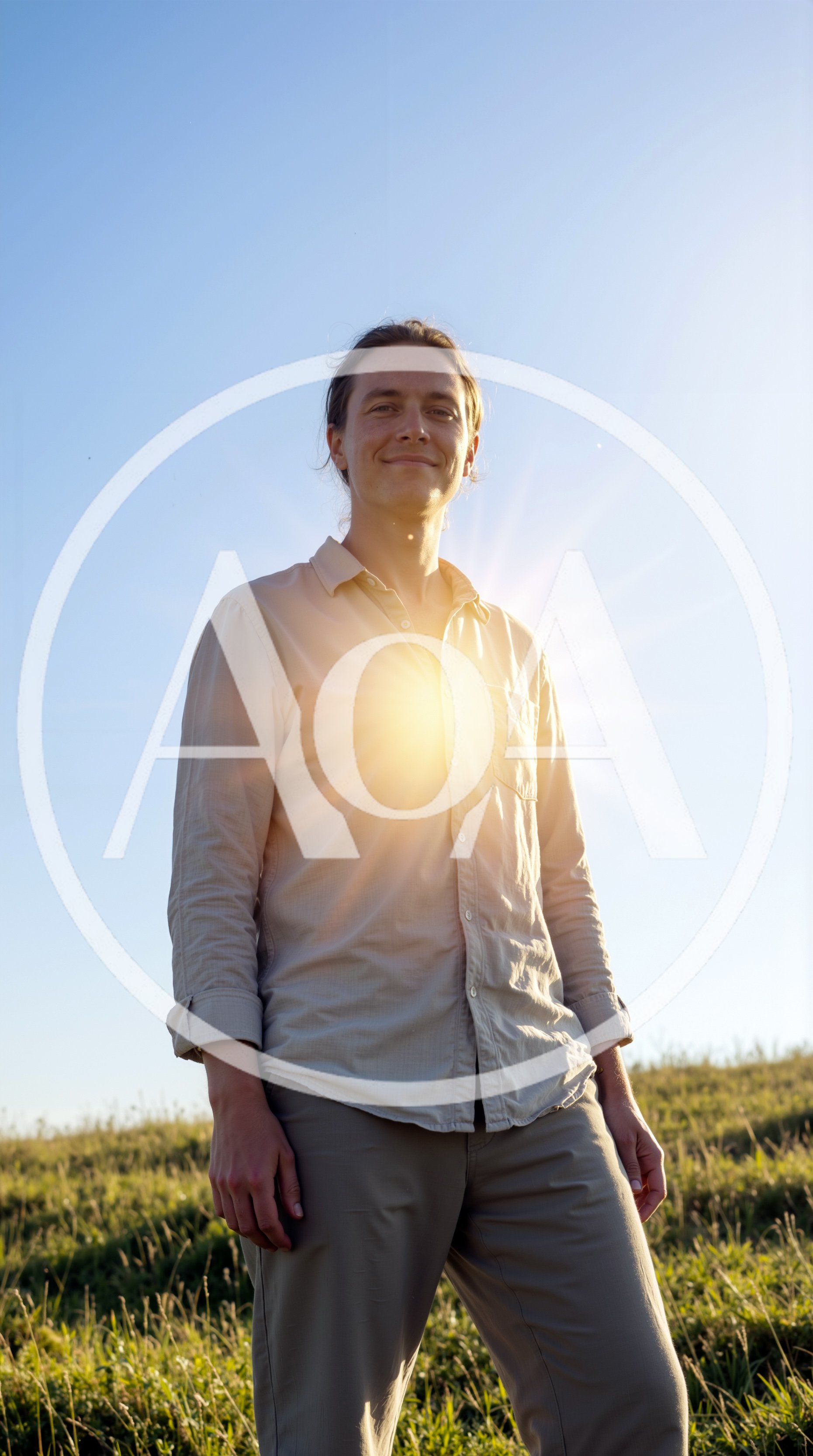 Young Man Standing In A Grassy Field At Sunset