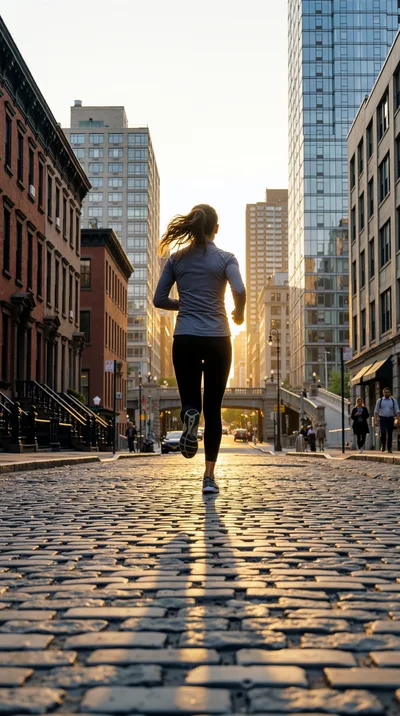 Woman Jogging Down Cobblestone Street at Sunset