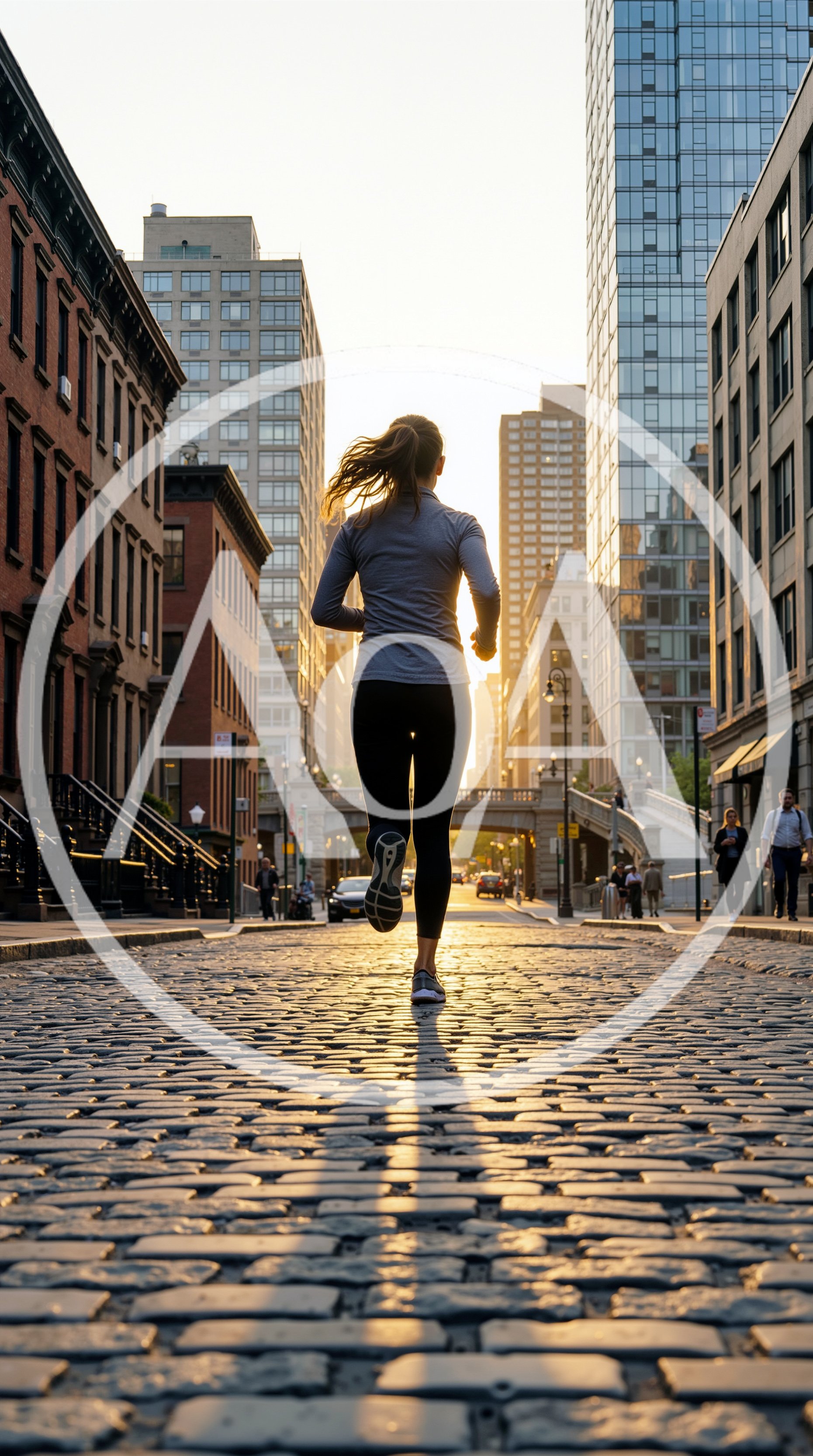 Woman Jogging Down Cobblestone Street at Sunset