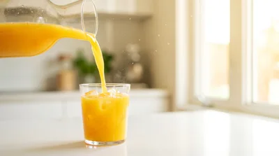 Pouring Fresh Orange Juice Into A Glass With Ice
