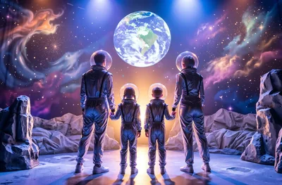 Family Of Astronauts Looking At Earth From Space
