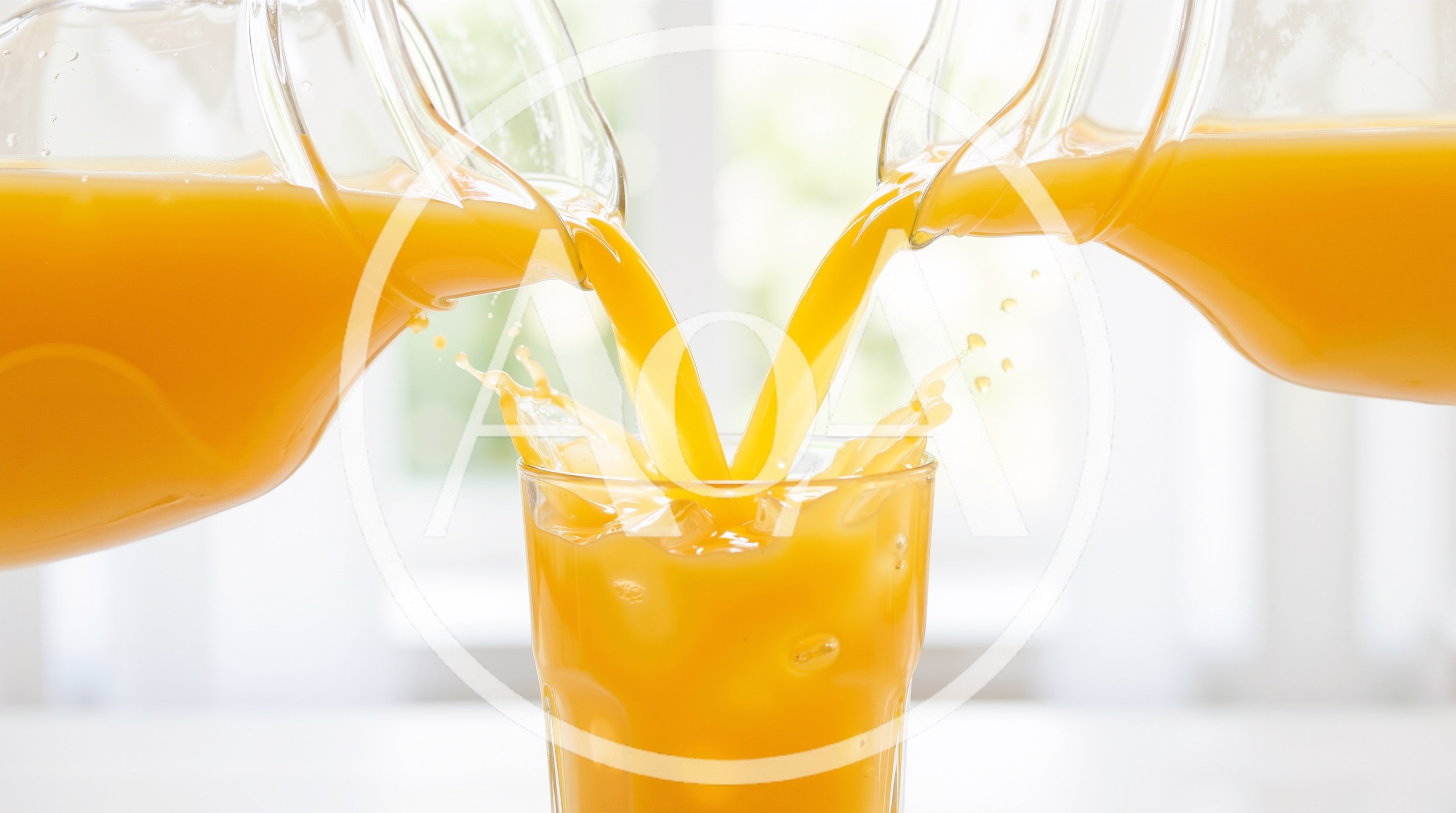 Two Pitchers Pouring Orange Juice Into A Glass