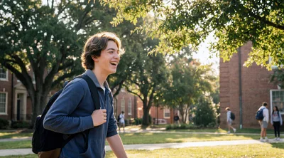 Happy Male Student Walking Across College Campus