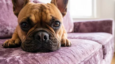 French Bulldog Resting On A Purple Velvet Sofa