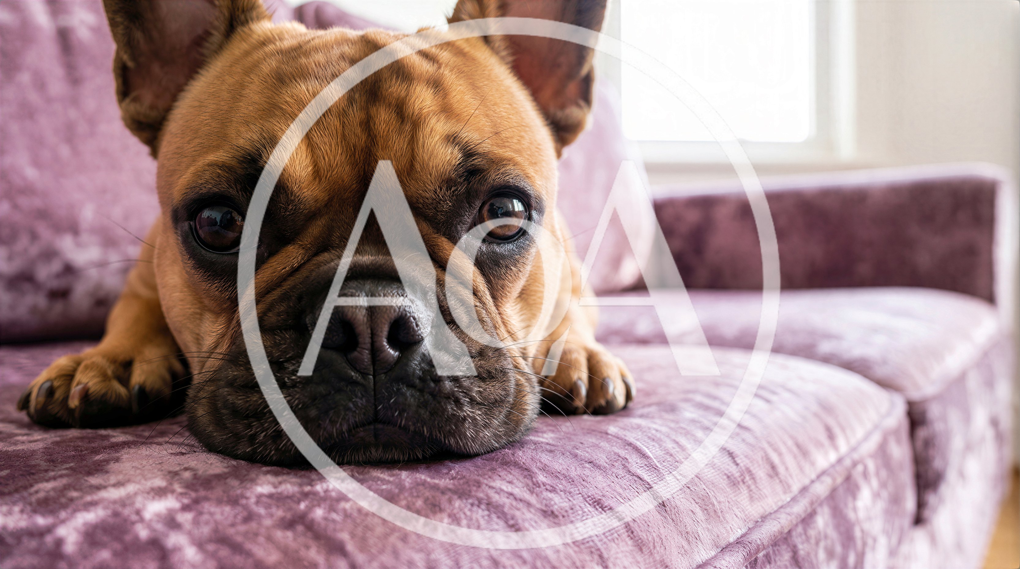 French Bulldog Resting On A Purple Velvet Sofa