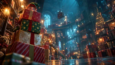 Playful Elf Peeking Over Stacked Christmas Presents