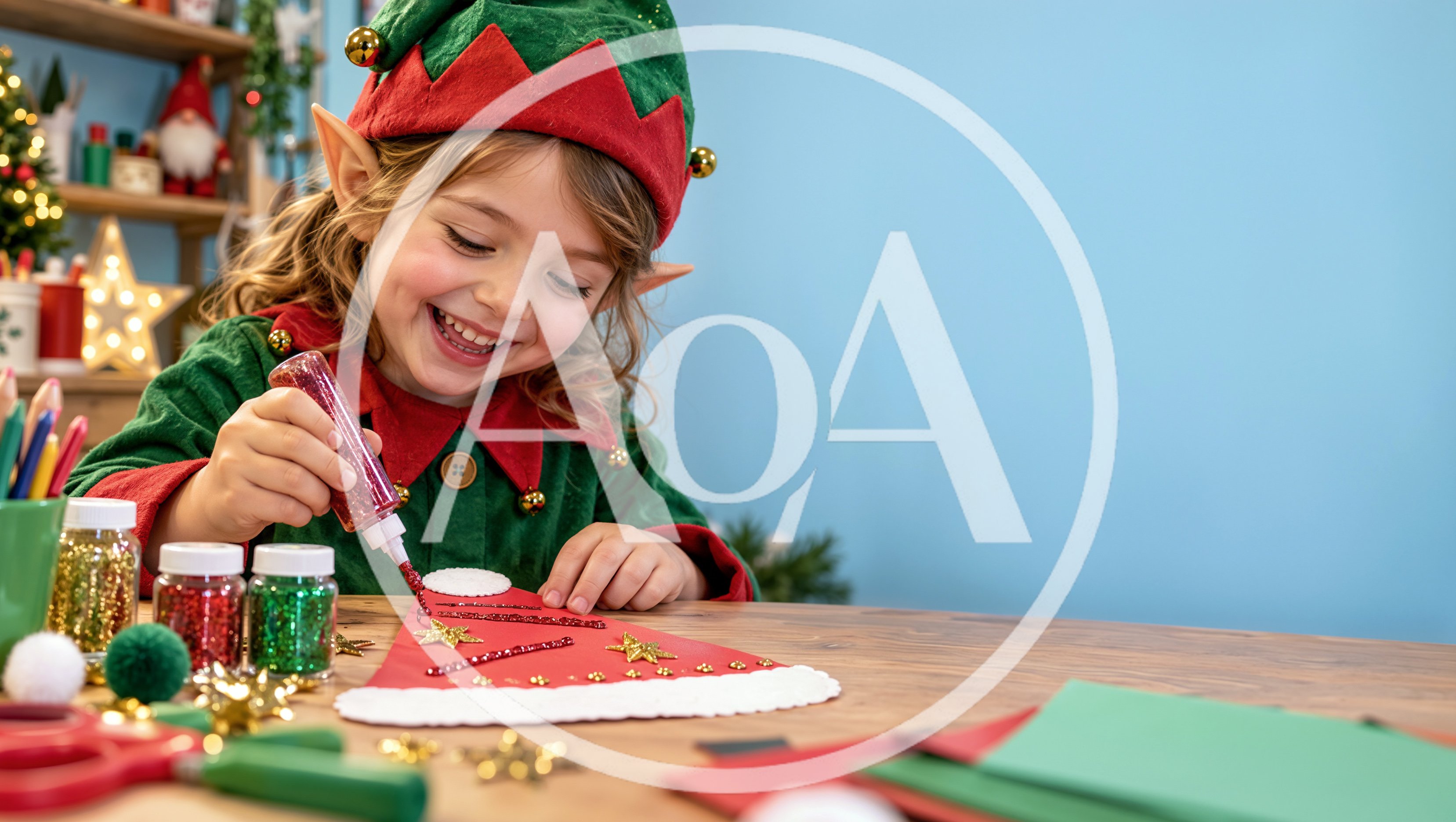 Little Girl Dressed as Elf Crafting Christmas Decorations