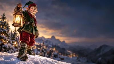 Young Elf Holding Lantern in Snowy Mountain Landscape