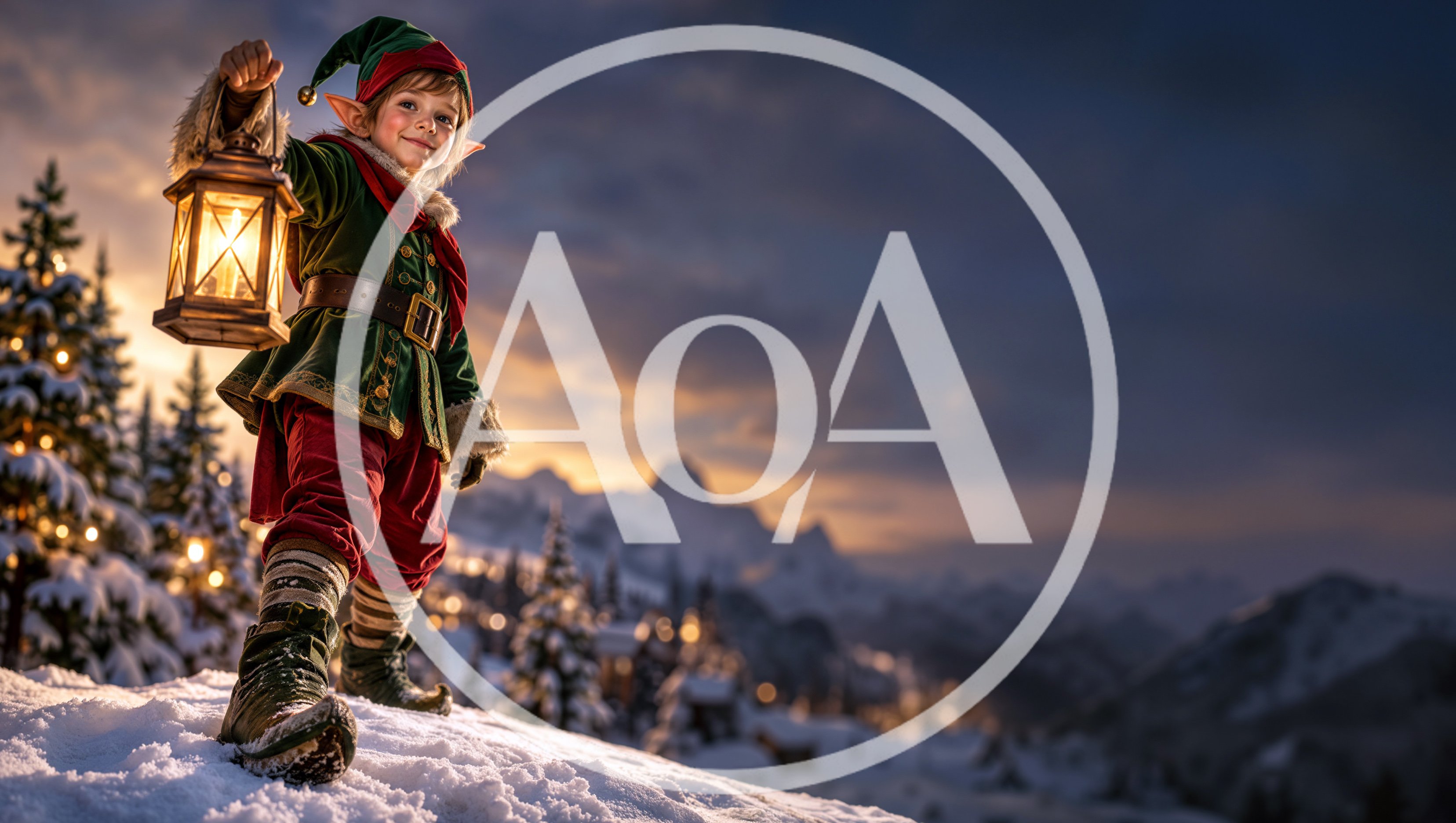 Young Elf Holding Lantern in Snowy Mountain Landscape