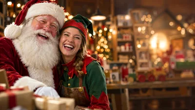 Santa Claus and Elf Laughing Together in Workshop