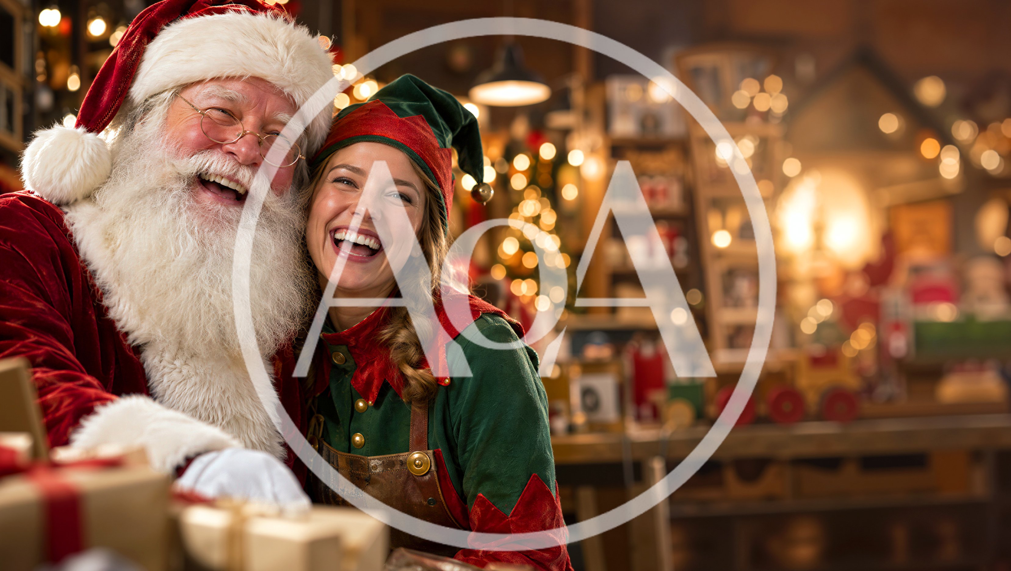 Santa Claus and Elf Laughing Together in Workshop