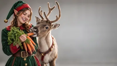 Elf Feeding Carrots To A Reindeer