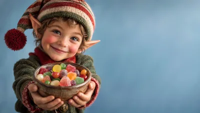 Young Child Dressed As A Christmas Elf Holding Candy